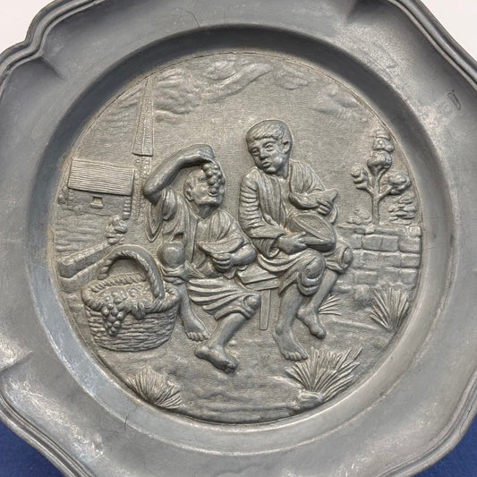 Pewter Plate Dutch Style Peasant Scene Wall Charger