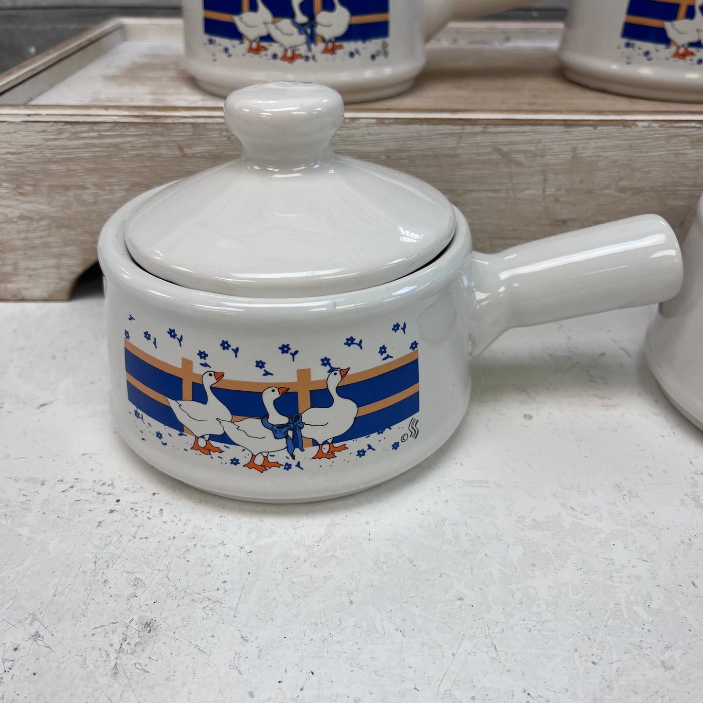 Country Goose Ceramic Lidded Soup Bowls, Set of 4