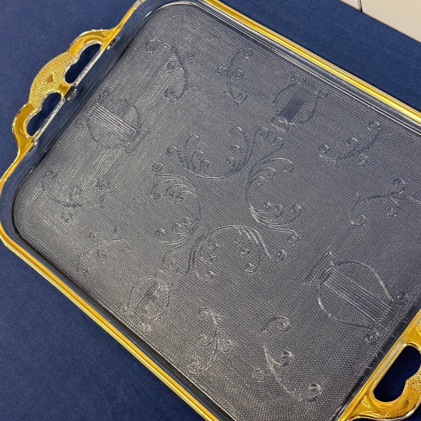 Jeannette Harp Lyre Serving Tray Gold-Trimmed Glass 1950s