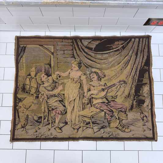 Tavern Scene French Tapestry, 1980s Textile Art