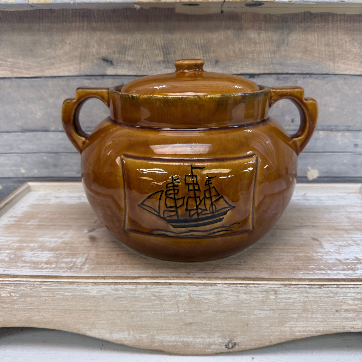 Sailboat Ceramic Double Handled Bean Pot with Lid
