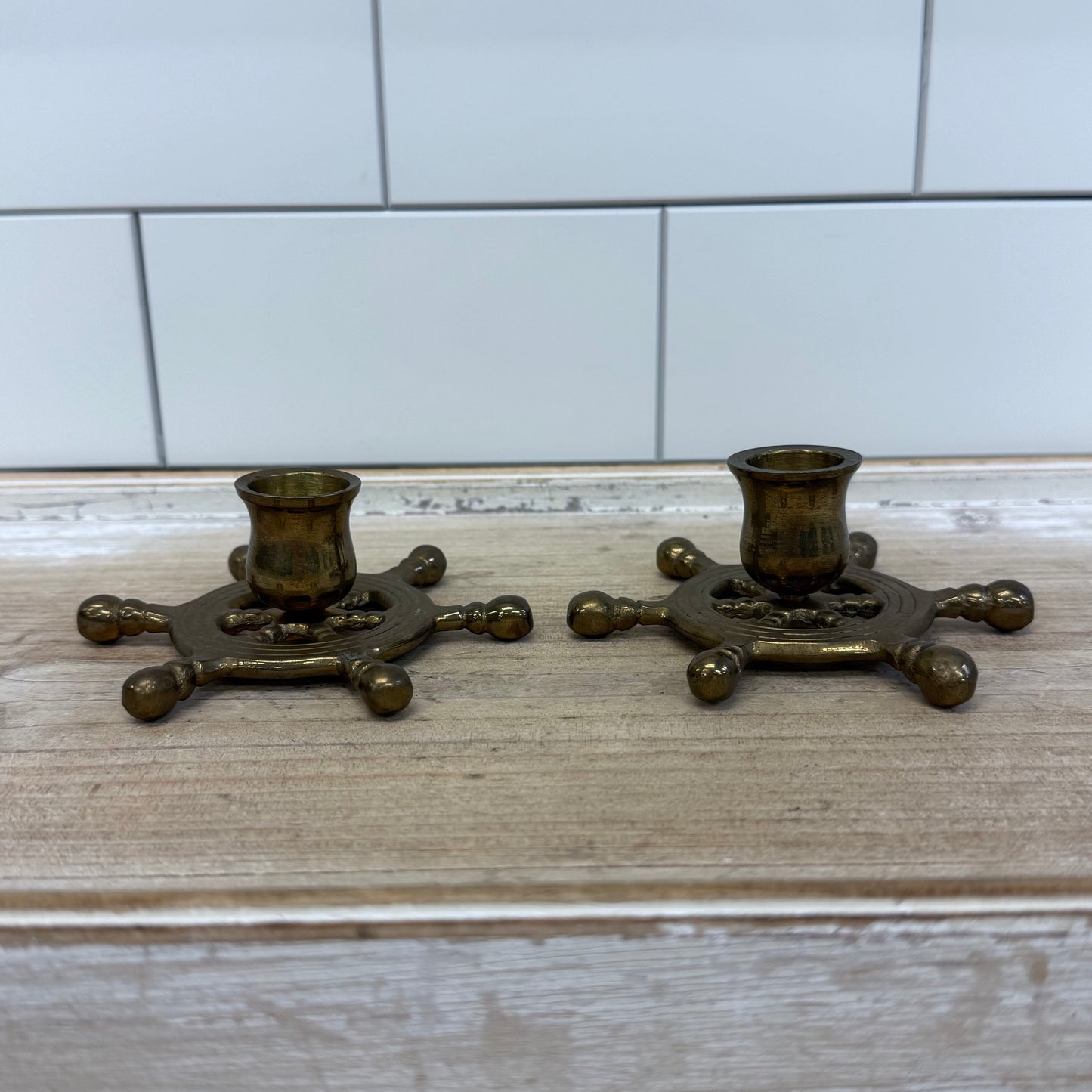 Solid Brass Ship’s Wheel Candlestick Holders, Set of 2