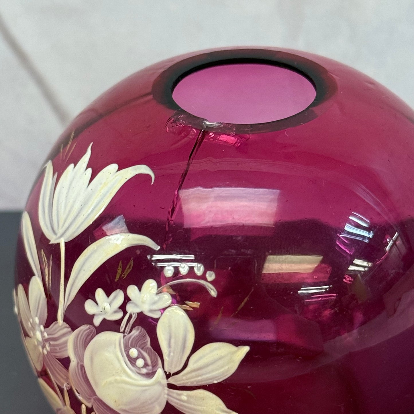 Hand Painted Floral Cranberry Glass Ball Vase