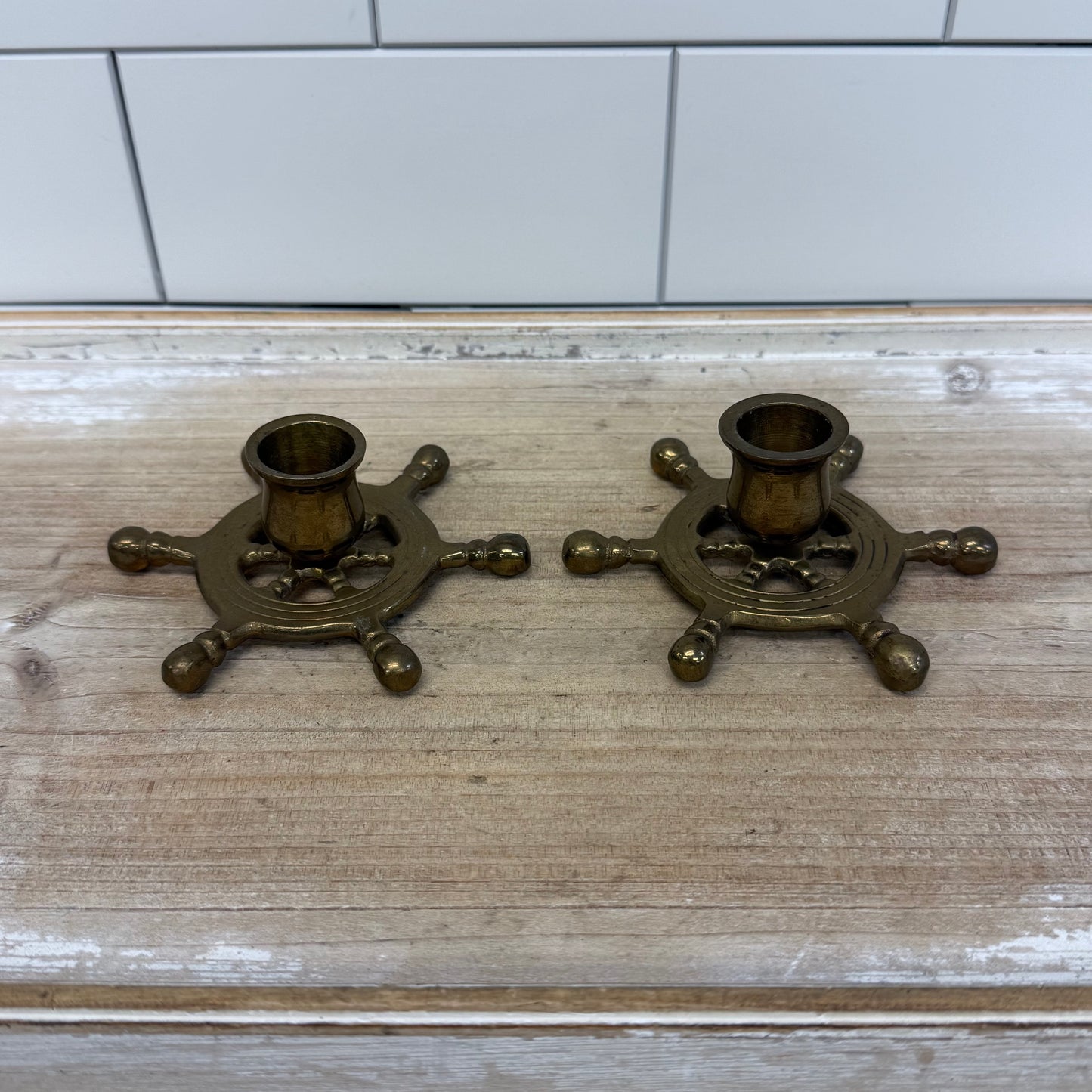 Solid Brass Ship’s Wheel Candlestick Holders, Set of 2