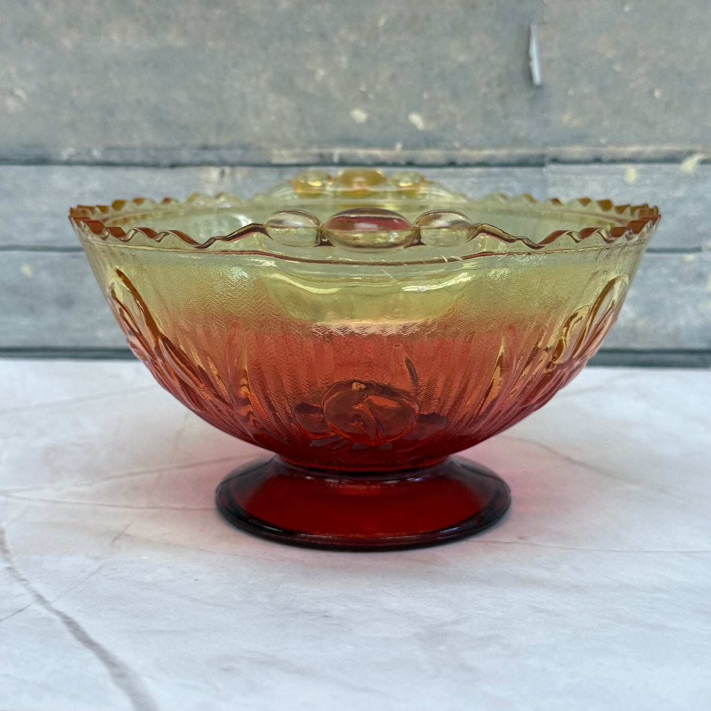 Jeannette Glass Iris & Herringbone Amberina Compote