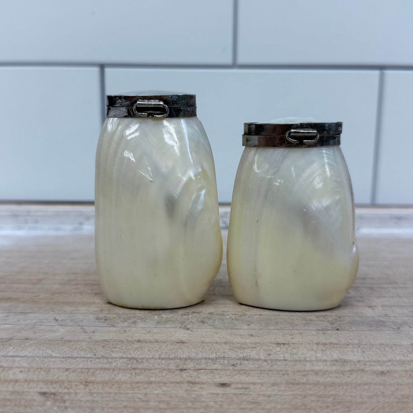 Two’s Company Salt & Pepper Set, Mother of Pearl Shell