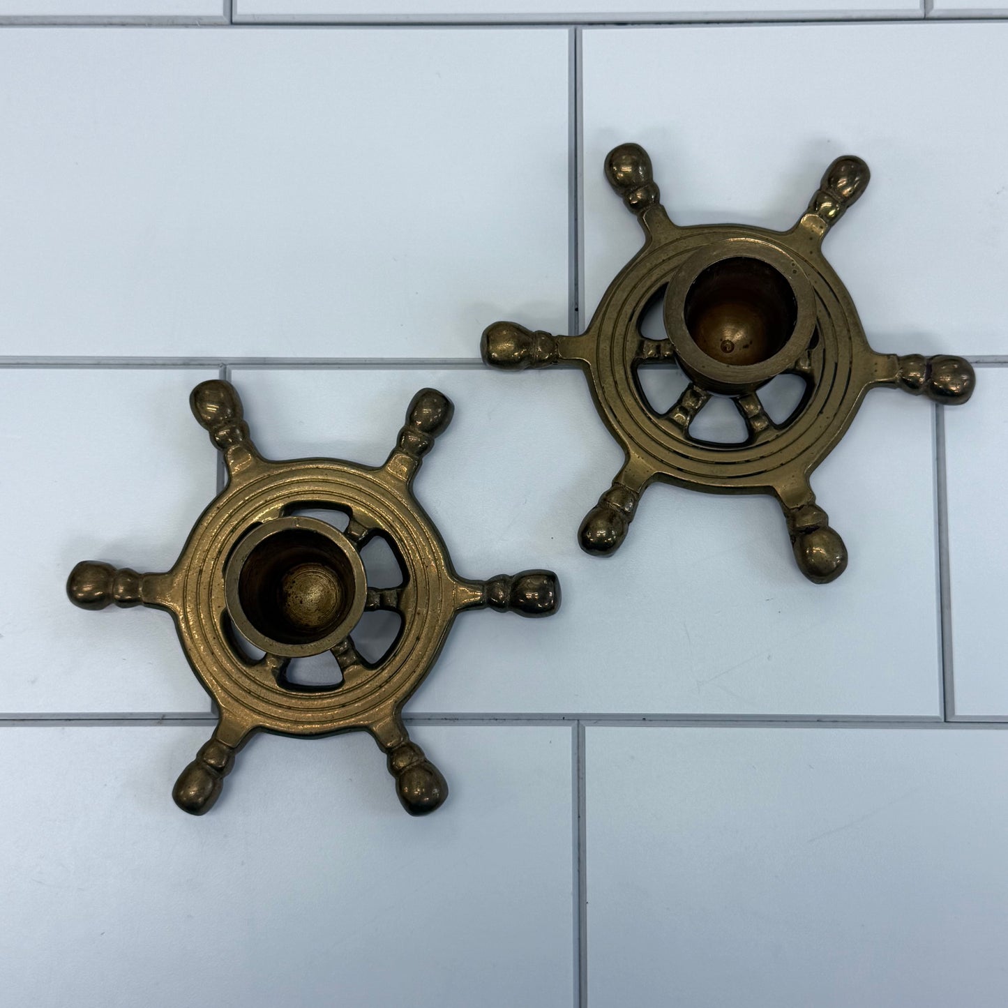 Solid Brass Ship’s Wheel Candlestick Holders, Set of 2
