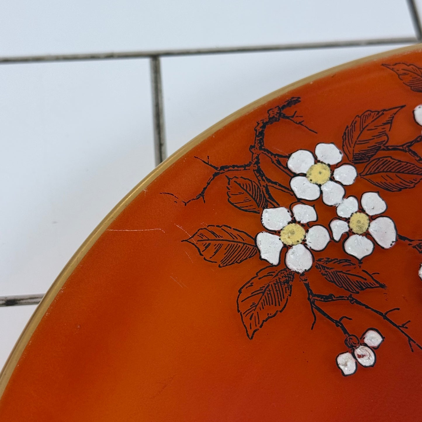 Art Deco Orange Floral Glass Serving Tray 1930s