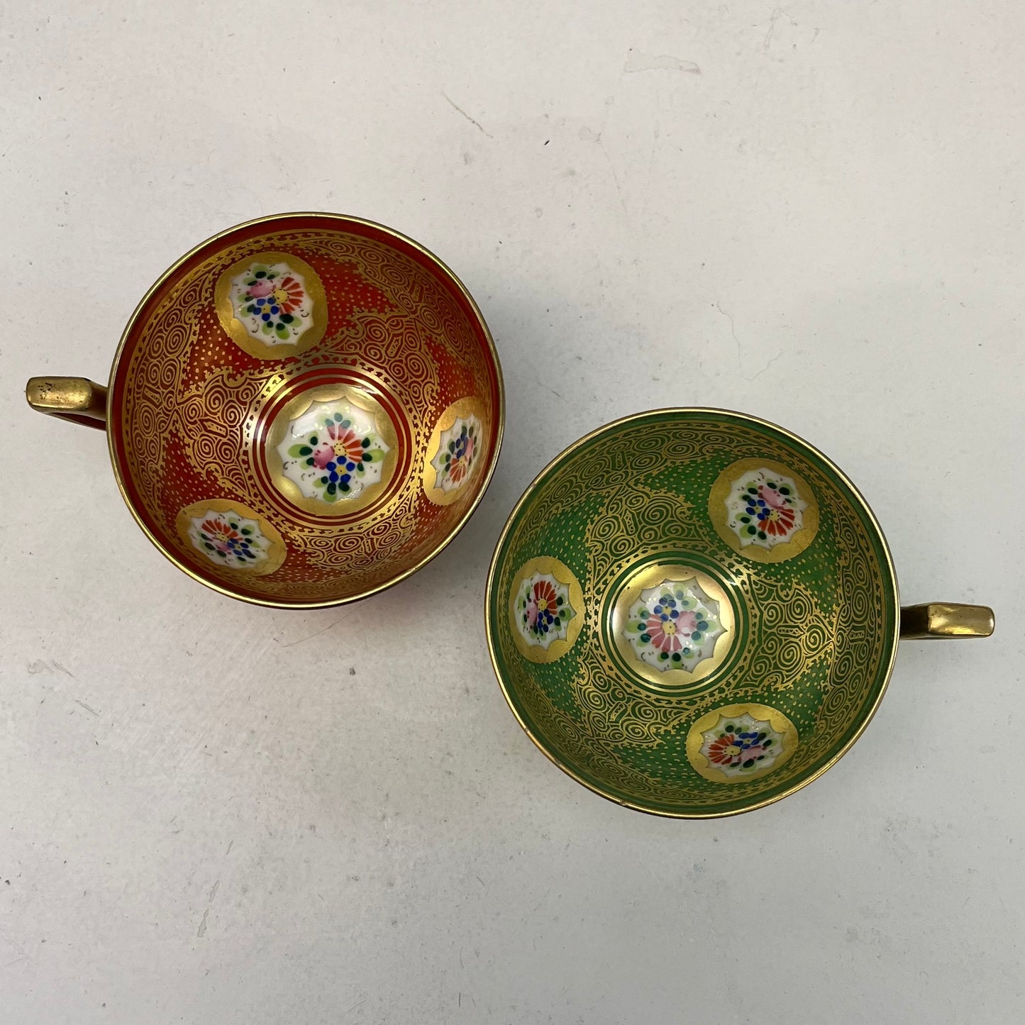 Czech Enameled Porcelain Cup & Saucer, Set of 2