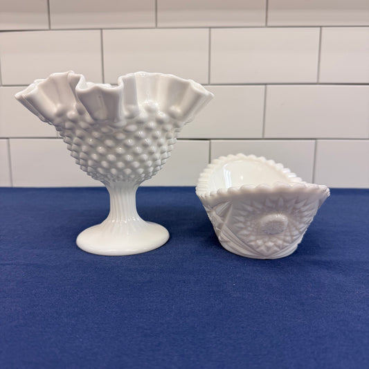 Vintage Fenton Hobnail & Kemple Hobstar Milk Glass