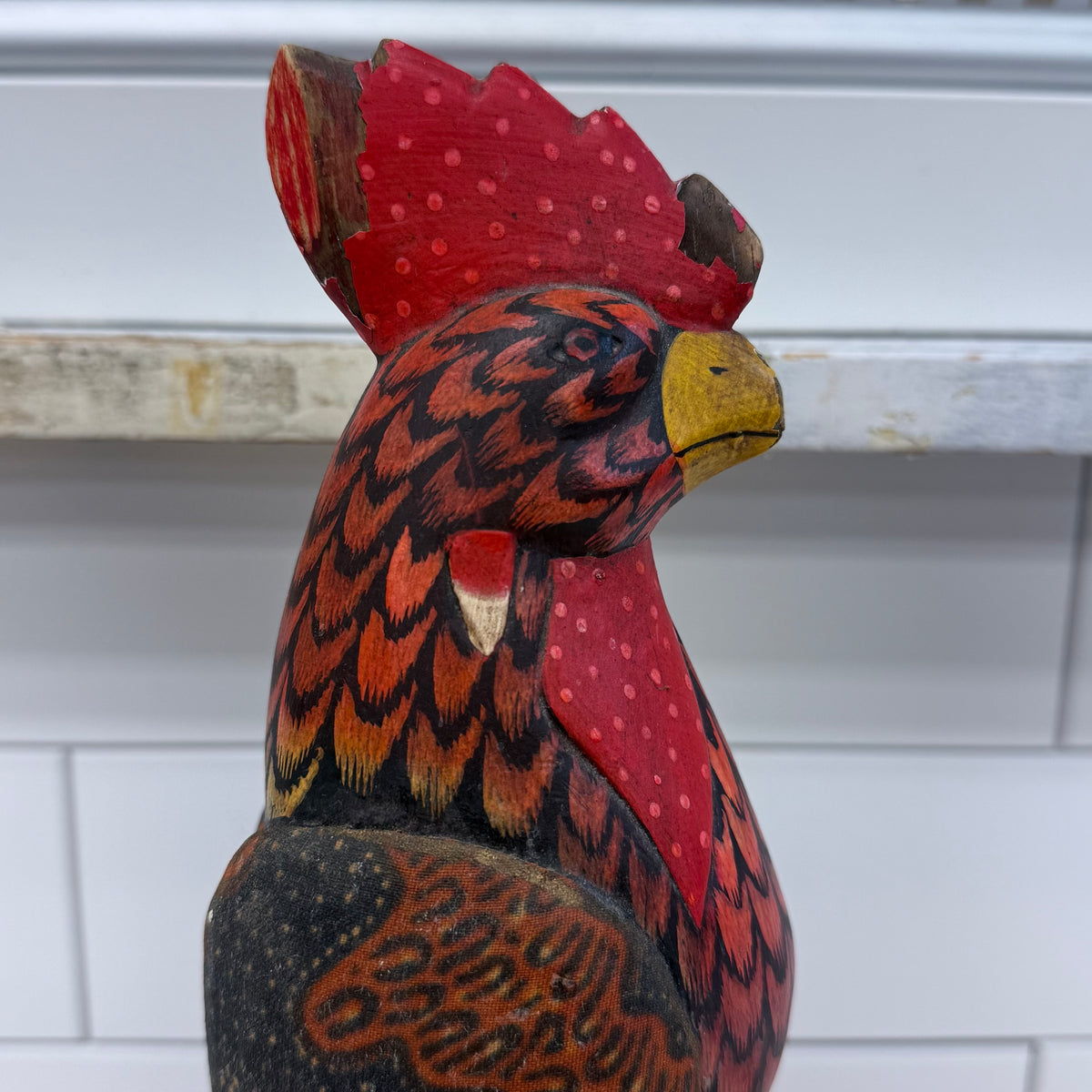 Hand Painted Wood Rooster Folk Art Sculpture