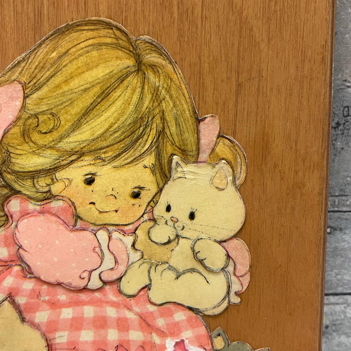 Hanging Wood Plaque Girl with Kittens, Signed