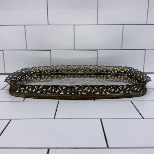 Vintage Floral Filigree Mirrored Vanity Tray Ornate