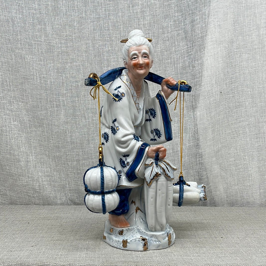 Vintage Chinoiserie Blue & White Old Woman Farmer Statue, 1980s