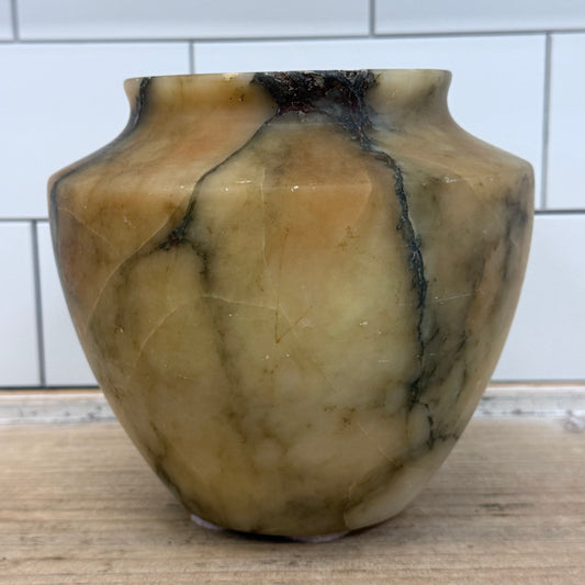 Natural Alabaster Stone Vase Hand Carved Decorative Vessel Vintage