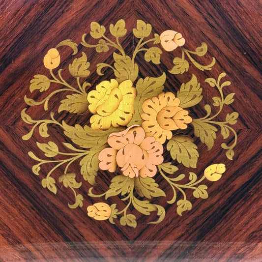 Floral Marquetry Wood Serving Tray with Brass Handles