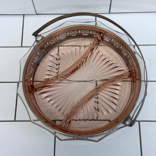 Pink Depression Glass Divided Relish Tray Carrier