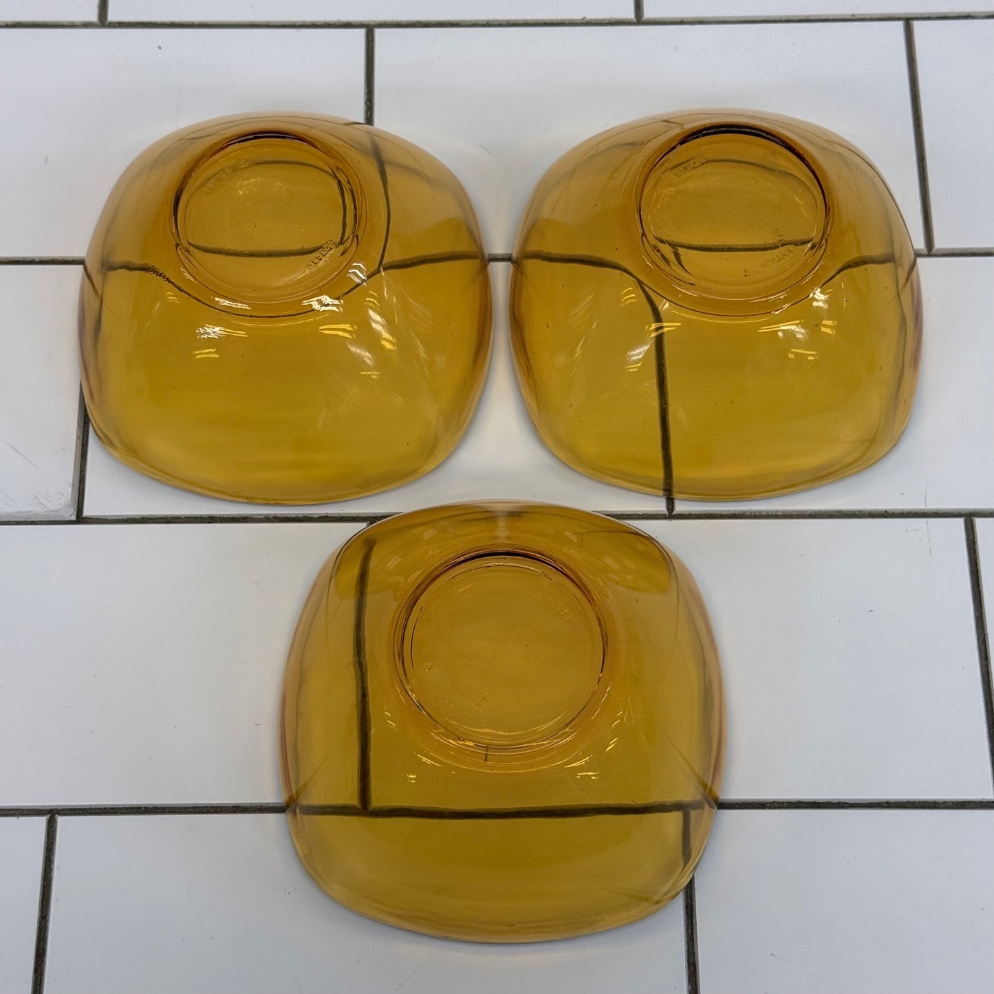 Anchor Hocking & Vereco France Amber Glass Serving Bowls with Stands, Lot of 2