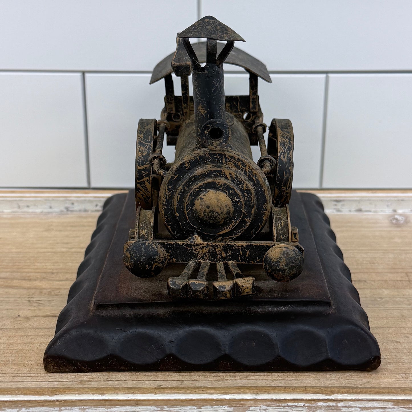 Steam Locomotive Metal Sculpture on Carved Wood Base
