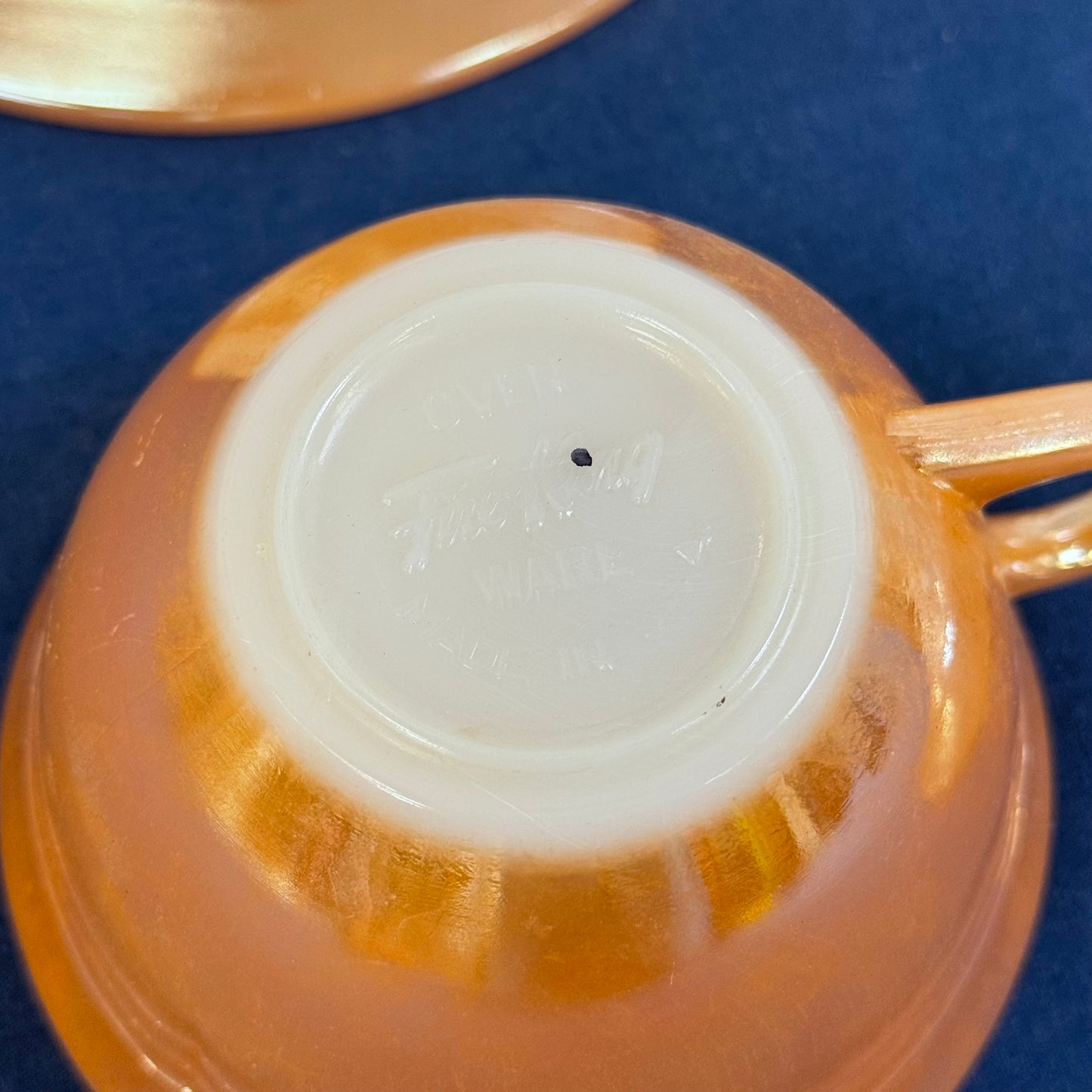 Fire King Peach Lustre Jane Ray Teacups Saucers Set of 3