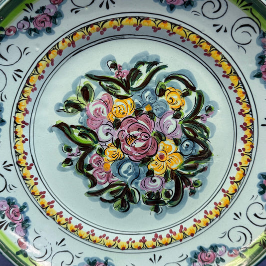 Hand Painted Floral Dish Signed Mediterranean Decor