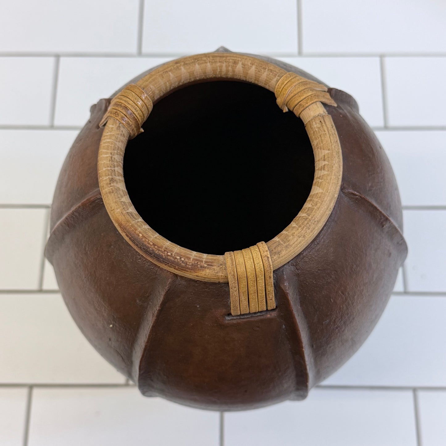 Hand Carved Philippine Wood Vase with Rattan Collar Decorative Vase