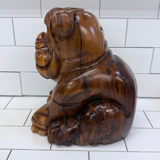 Hand Carved Wooden Bulldog Statue Vintage Hardwood 11”