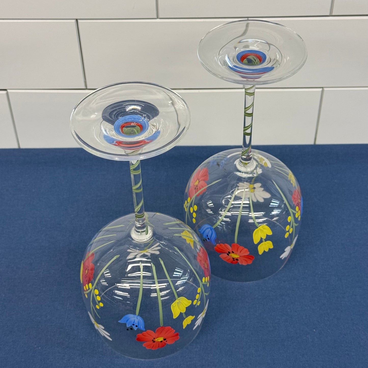 Hand Painted Wildflower Wine Glasses Set of 2 Floral Goblets