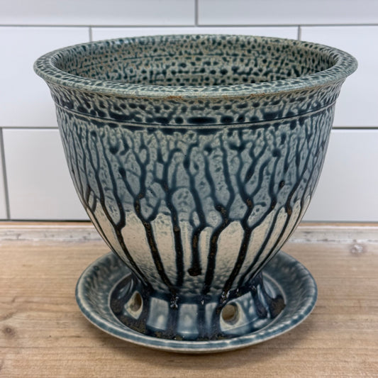 Studio Art Pottery Drip Glaze Planter with Attached Saucer Signed
