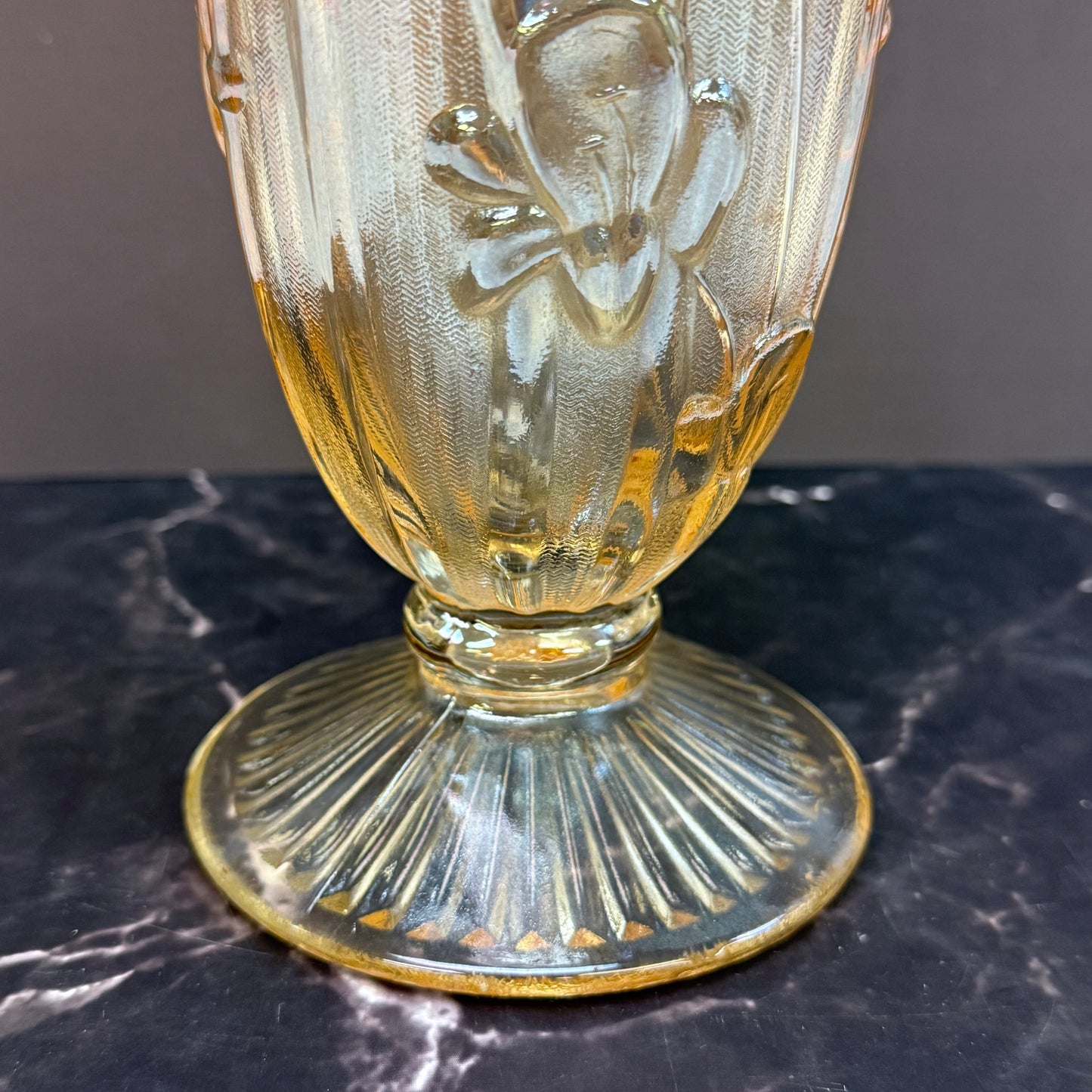 Jeannette Glass Embossed Iris and Herringbone Carnival Vase