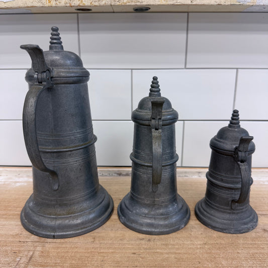 Pewter Flagon Set of 3 with Hinged Lids