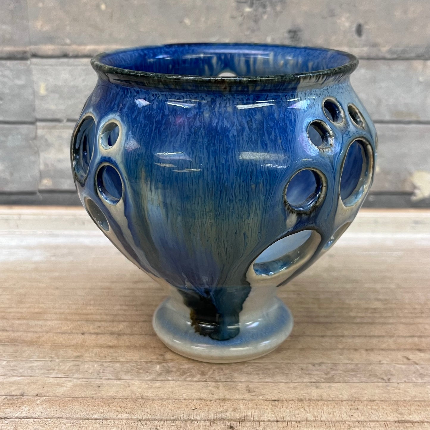Studio Pottery Drip Glaze Votive Holder, Signed
