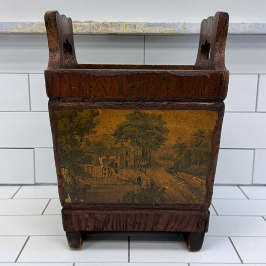 Colonial Americana Wood Wastebasket Scenic Panels