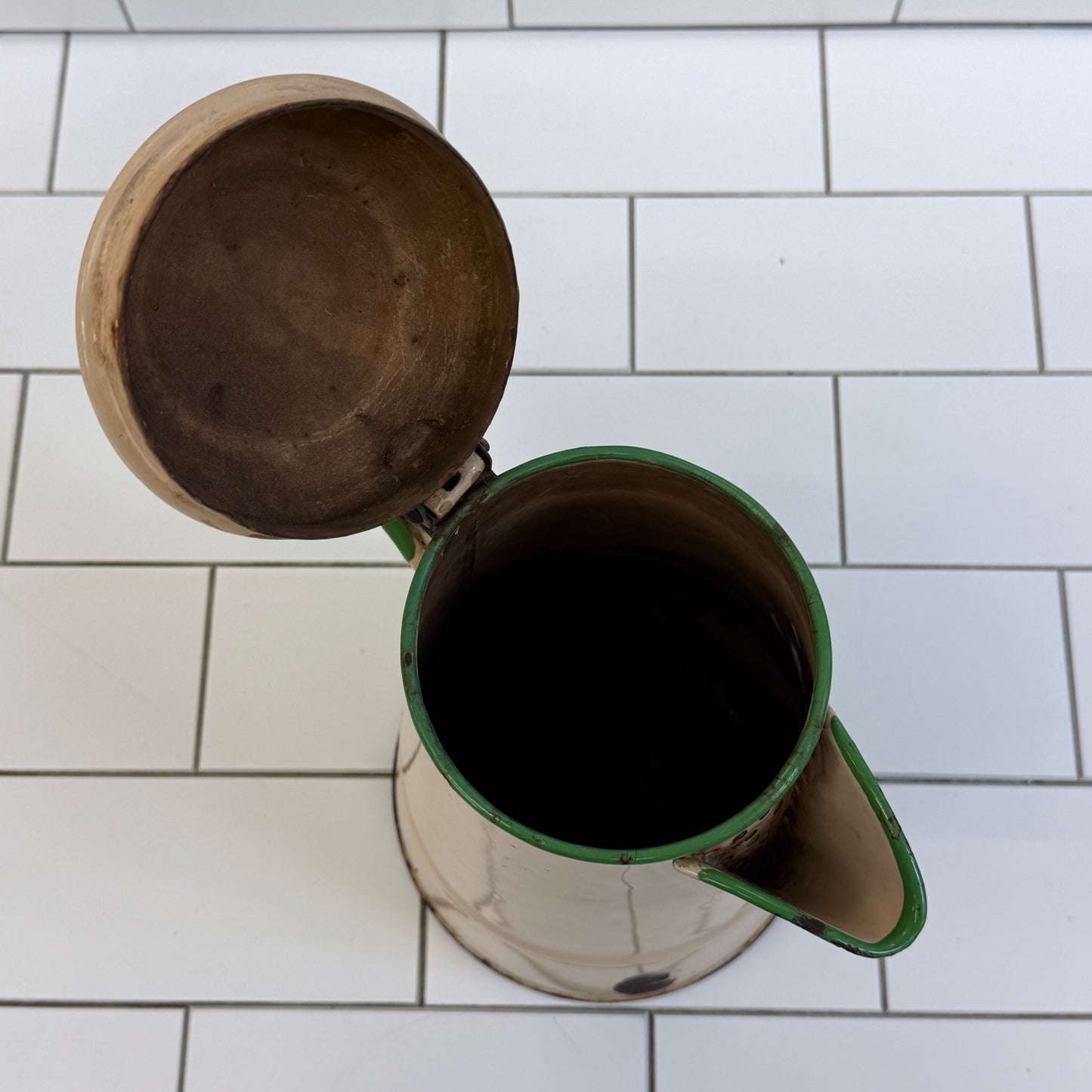 Farmhouse Cream Green Enamelware Coffee Pitcher