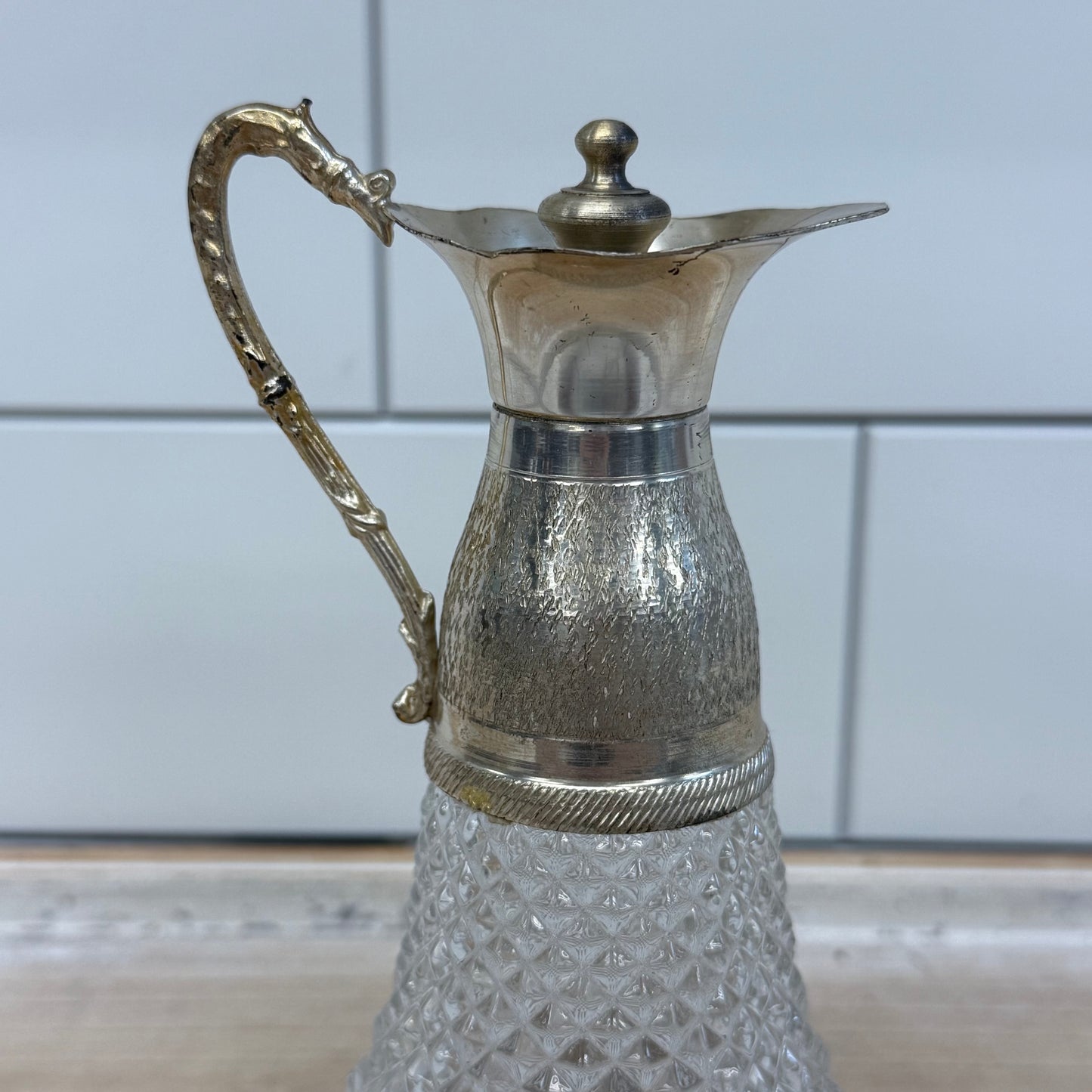 Claret Pitcher Silver Plated Pressed Glass, Made in Italy