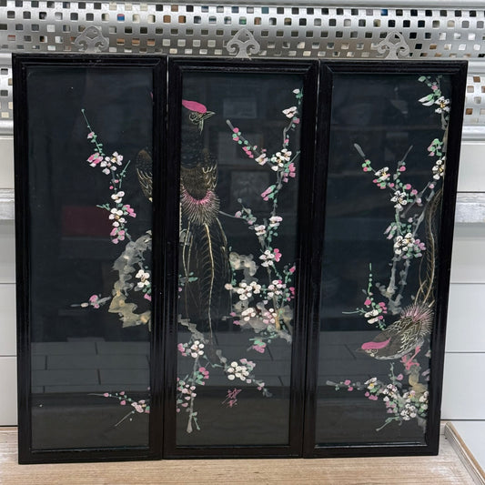 Vintage Chinoiserie Silk Bird Blossom Paintings Set of 3