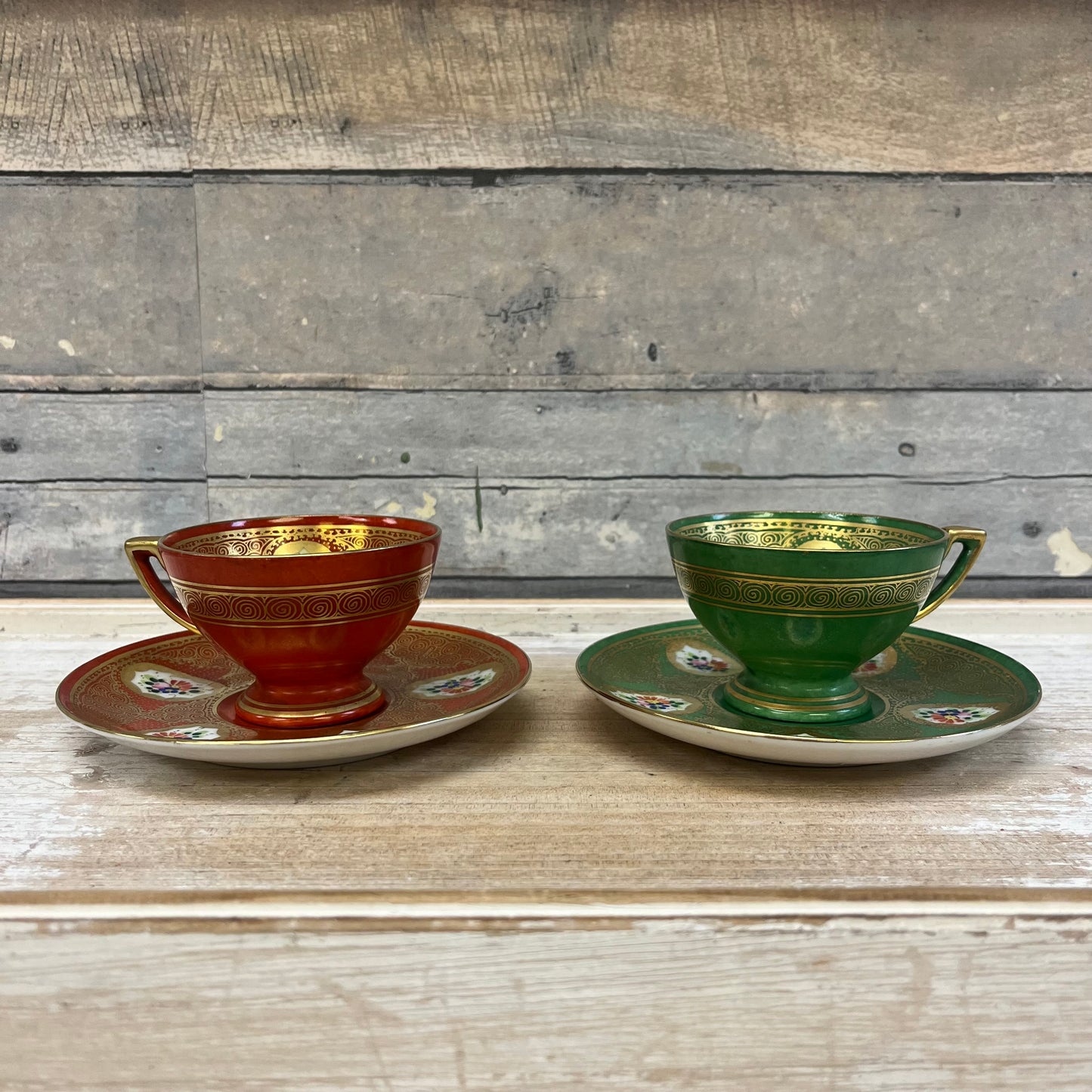 Czech Enameled Porcelain Cup & Saucer, Set of 2