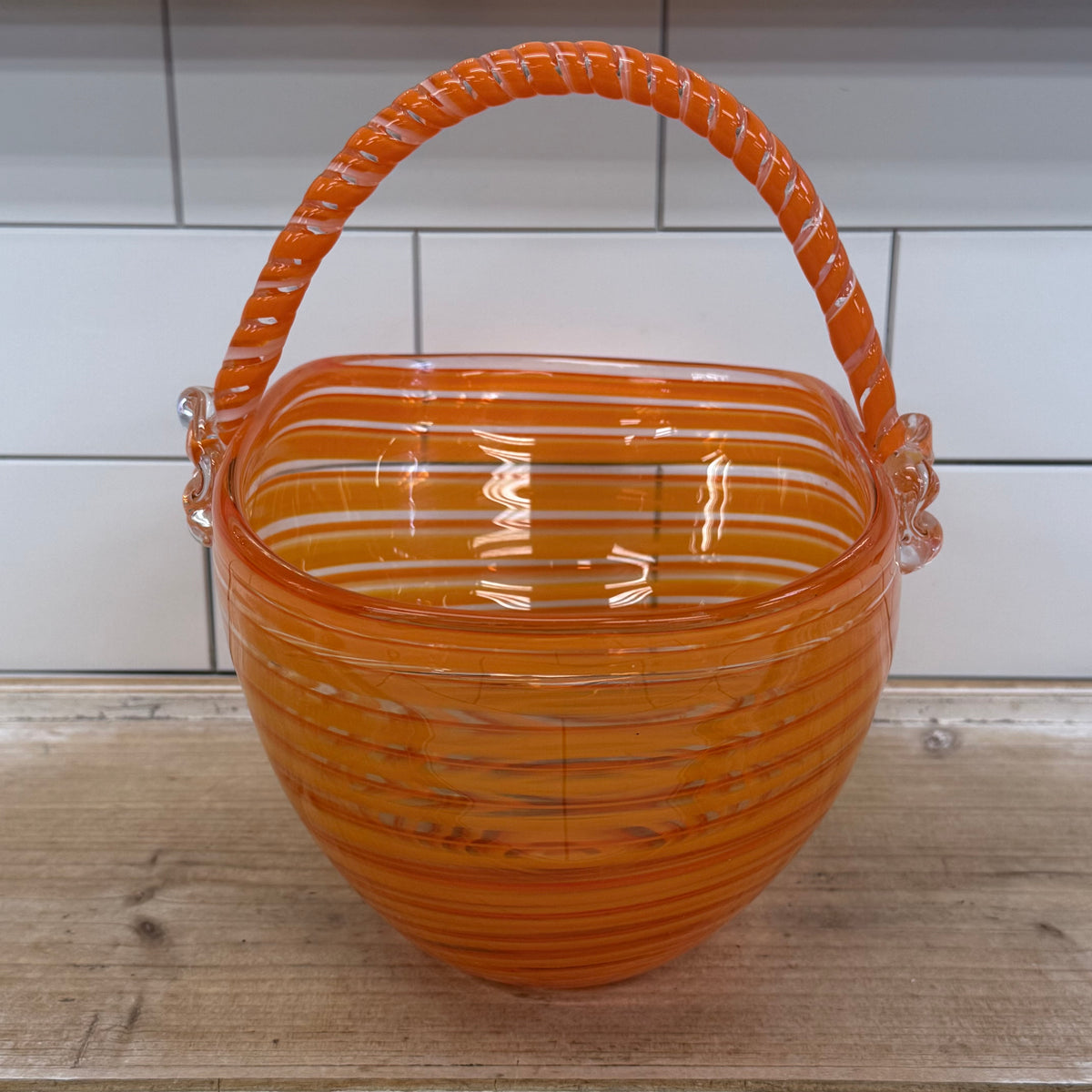 Orange Spiral Hand Blown Art Glass Basket with Handle