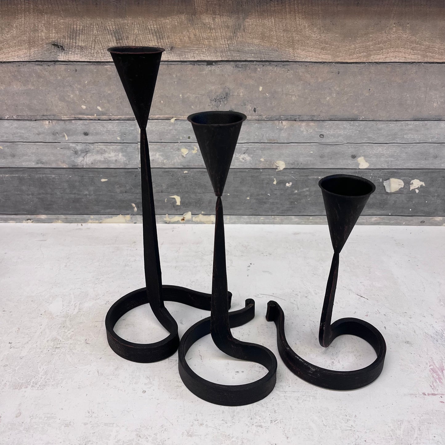Danish Wrought Iron Curved Candlestick Holders, Set of 3