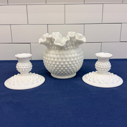 Fenton Hobnail Milk Glass Vase & Candlestick Set of 3 1950-70