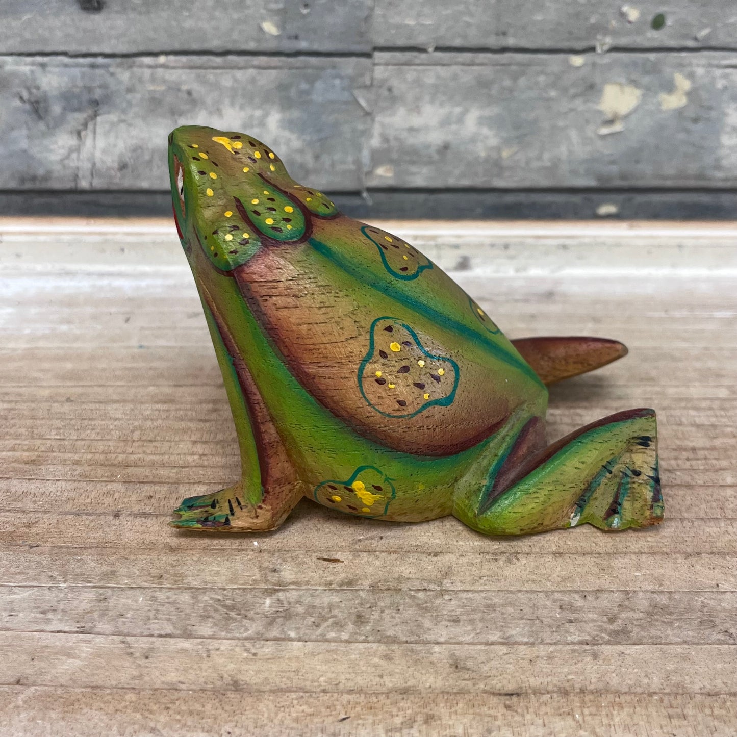 Folk Art Wooden Frog Figurine, Hand Painted