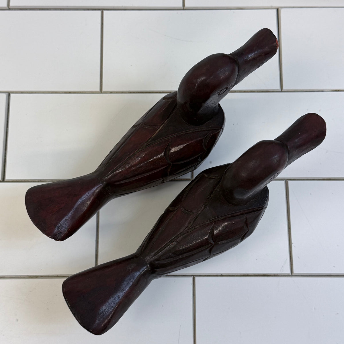 Duck Figurines Pair Hand-Carved Wood - Rustic Lodge Decor