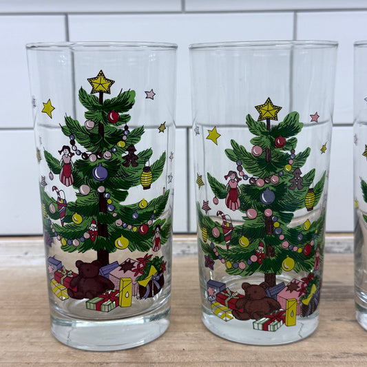 Nikko Christmas Tree Teddy Bear Highball Glass Tumblers Set of 4