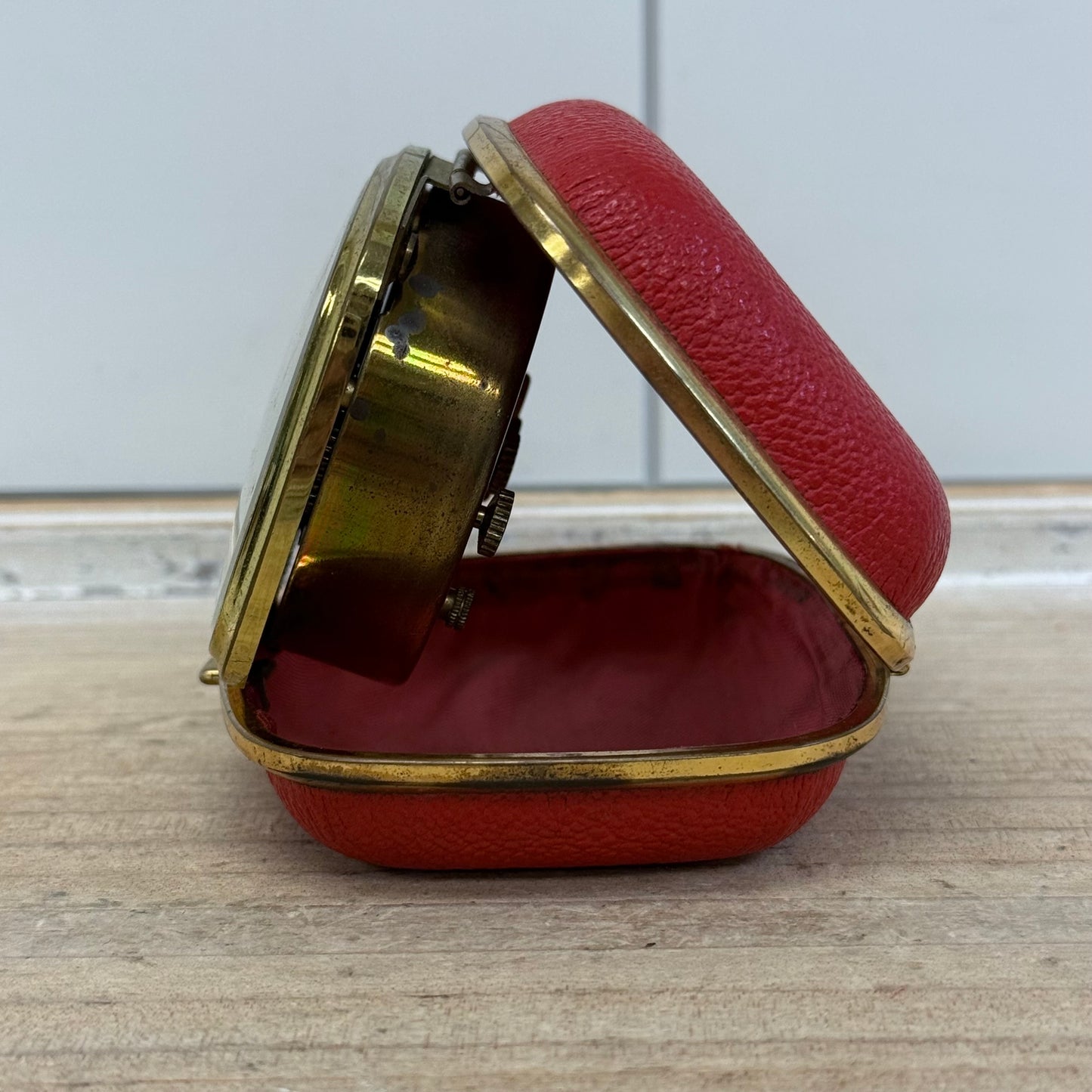 Bradley Mechanical Travel Alarm Clock in Red Leather Case