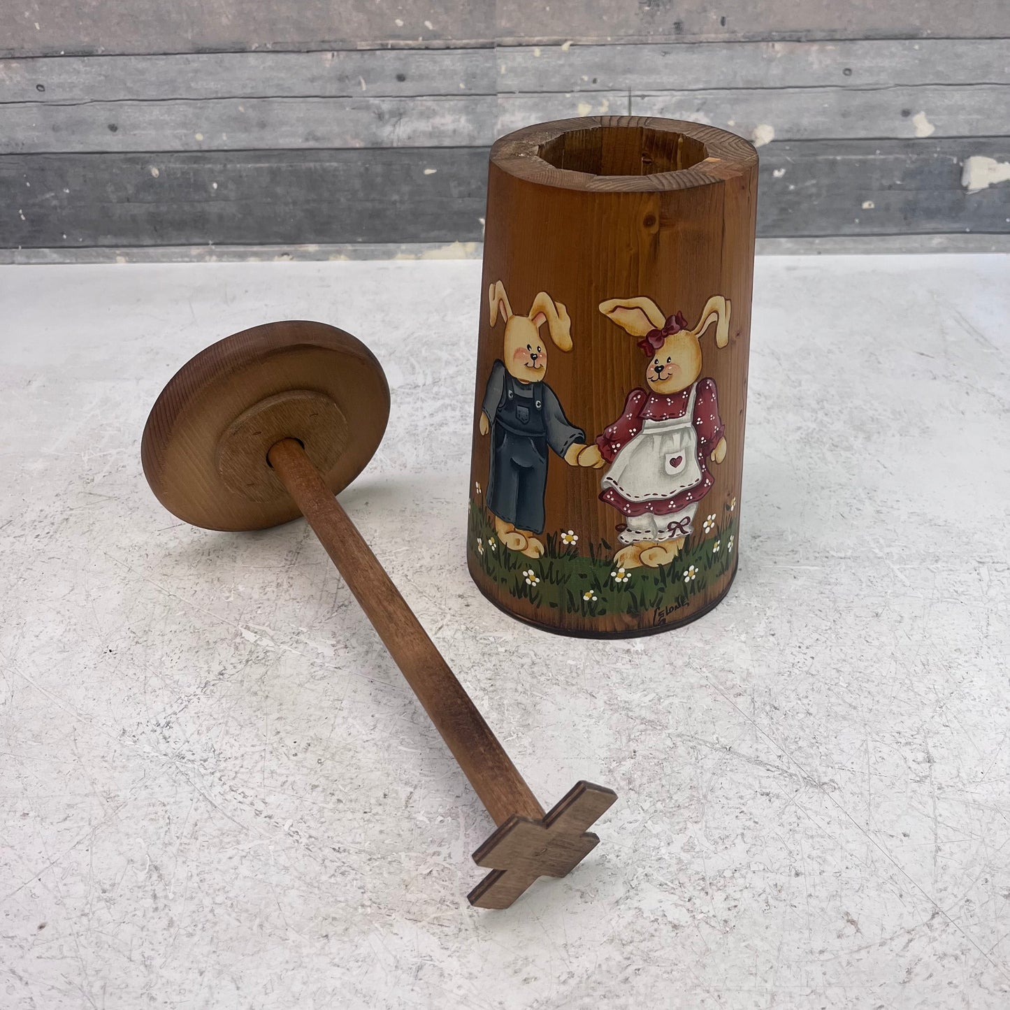Hand Painted Wooden Butter Churner, Signed