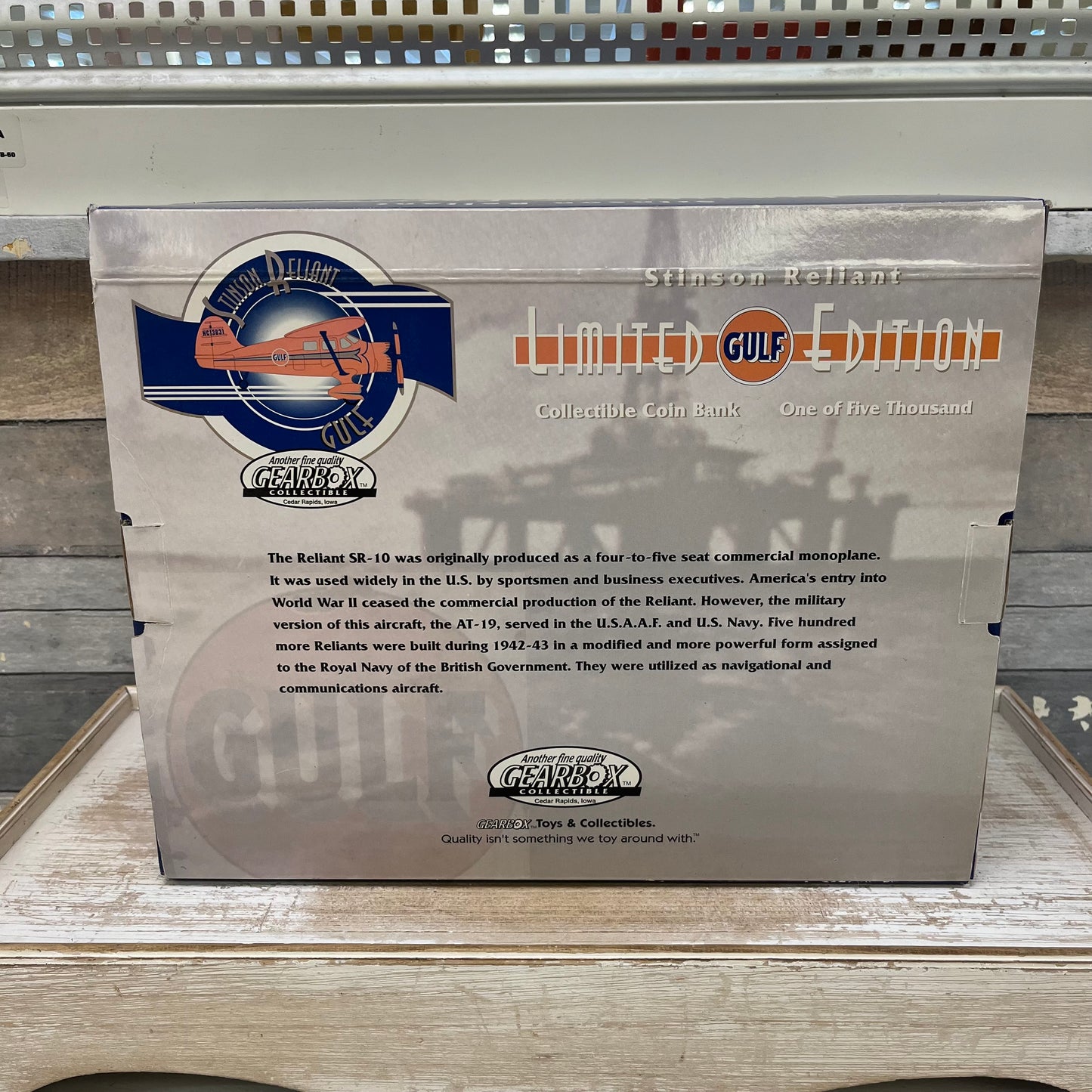 Gearbox Limited Edition Gulf Stinson Reliant Die Cast Coin Bank, 1997