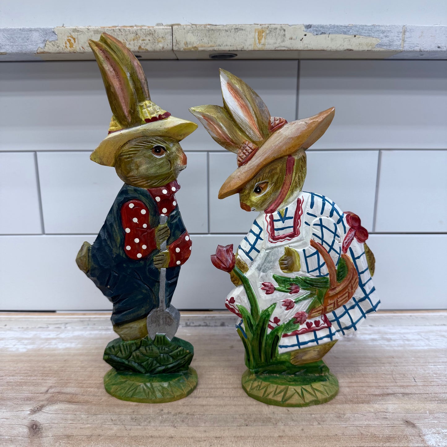 Department 56 Rabbit Figures Hand Painted Wooden, Set of 2