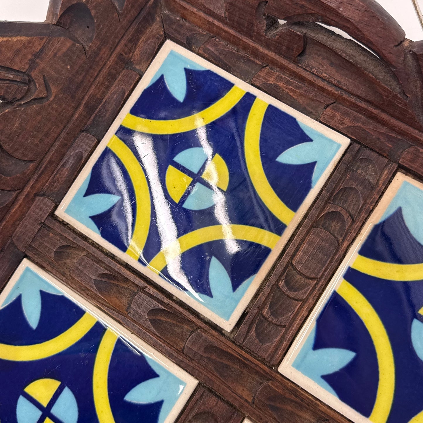 Carved Wood Ceramic Tile Serving Tray Vintage 20”