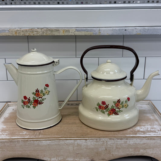 Enamelware Coffee Pot & Kettle Set Floral Mid Century