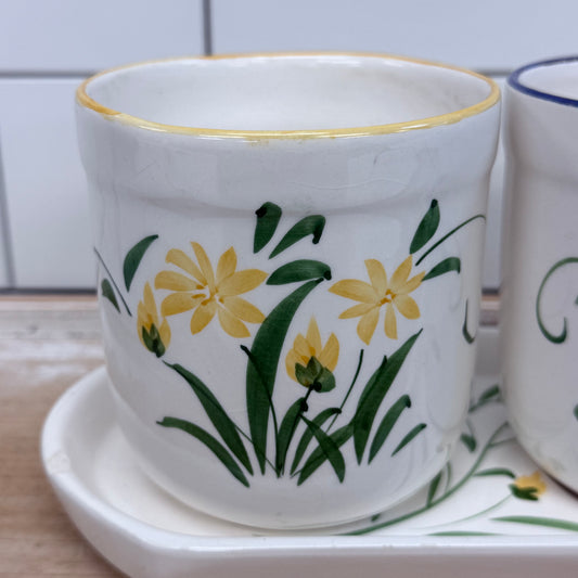 Floral Planter Pots & Tray Set Hand Painted Ceramic